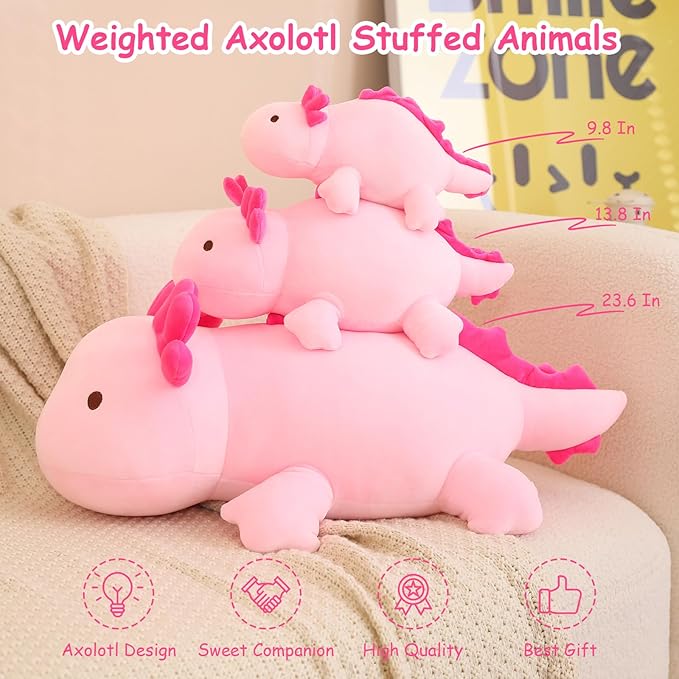 SQEQE Weighted Axolotl Plush Toy, Pink Axolotl Stuffed Animals Cute Plush Pillow, Cute Weighted Stuffed Animals Gifts for Girls & Boys Pink 23.6 Inch, 3.1 Lbs
