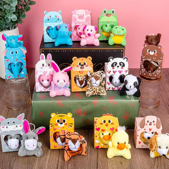 Sofier Valentines Day Gifts for Kids Classroom 24 Pack Valentines Card Boxes with Heart Window Mini Animal Toys Keychains Bulk for Boys Girls Classroom Exchange Party Favor School Teacher Student
