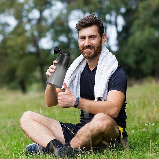 32oz Insulated Water Bottle with 3 Lids(Straw, Hand and Spout Lid), Double Vacuum Stainless Steel Metal Water Flask(BPA-free, CPC) for Sports, Camping, Hiking, Cycling, Fitness and more(Black Grey)