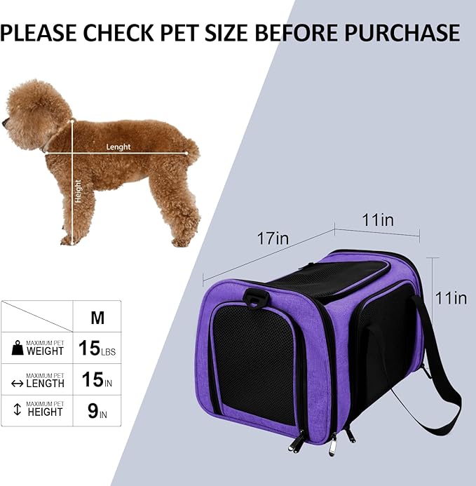 Pet Carrier for Small Medium Cats Dogs Puppies up to 15 Lbs, Airline Approved Small Dog Carrier Soft Sided, Collapsible Travel Puppy Carrier - Purple