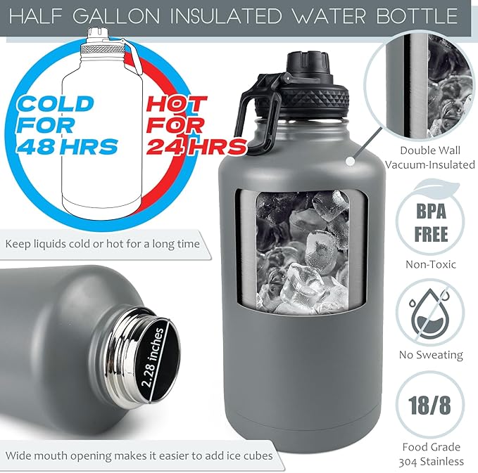 64 Oz Water Bottle with Sleeve - Half Gallon Insulated Water Jug with Handle - Stainless Steel Sports Bottle for Gym Workout Hiking Glacier Grey