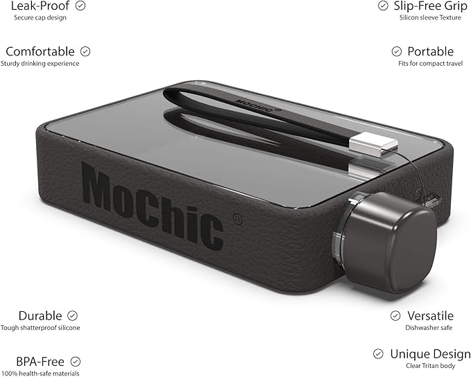 Mochic 13oz Flat Water Bottle - Portable Travel Mug Handbag Slim Cold Plastic Flask | BPA Free A5 Water Bottle Tritan Plastic | Sports, Camping, Gym, Fitness, Outdoor - Leak Proof. 380ml (Black)