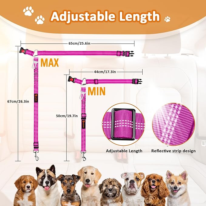 Removable Dog Seat Belt Harness for Car, 3 in 1 Pet Dog Car Seatbelt Leash, Retractable Restraint Secures to Vehicle Headrest & Adjustable Reflective Bungee Dog Seatbelt Tether, Rose