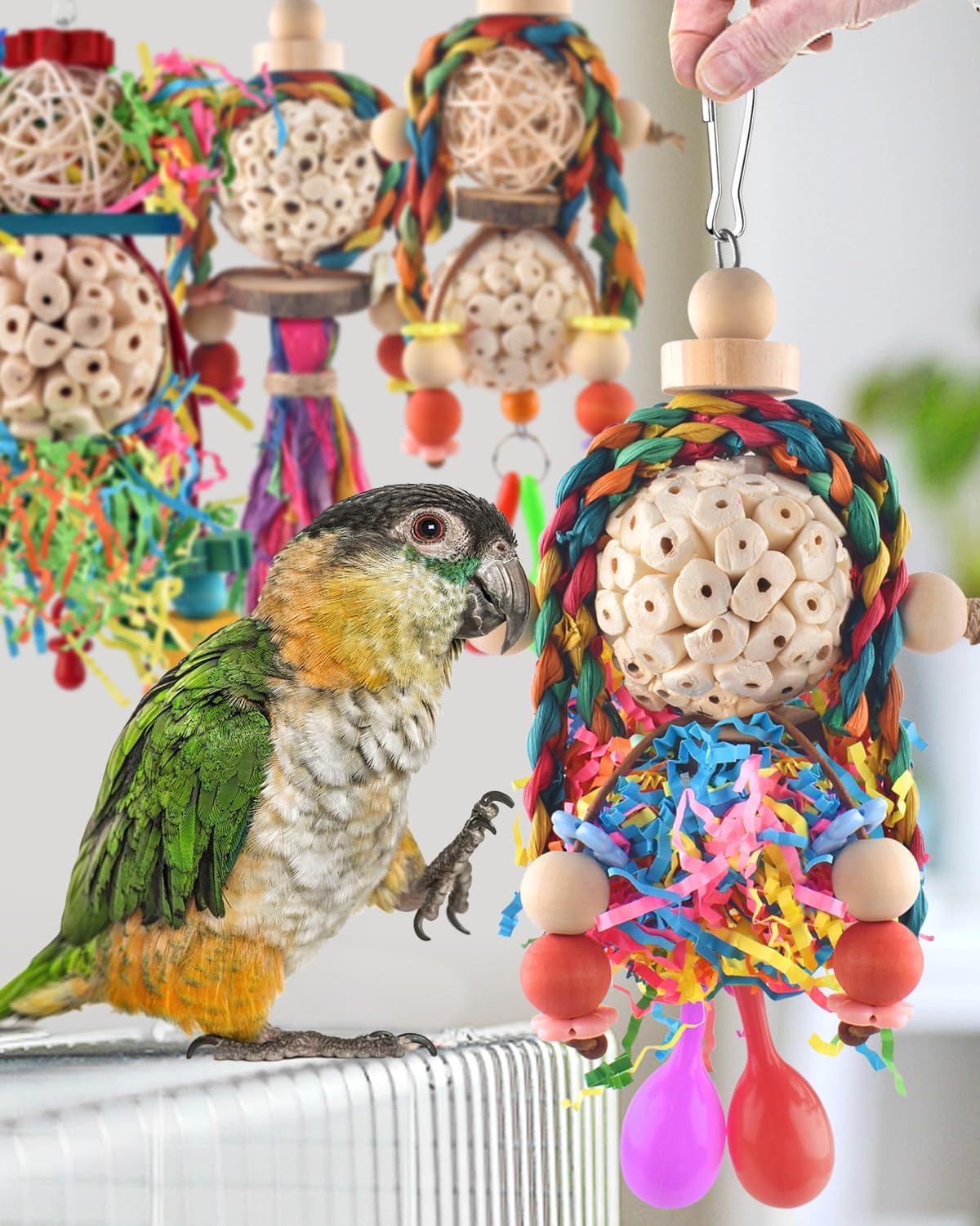 Bissap Conure Toys, 5 PCS Bird Foraging Shredder Hanging Swing Rope Perch Toys Sola Balls with Sand Hammer for Small Parrots Parakeets Conures Cockatiels Love Birds Cage Toy