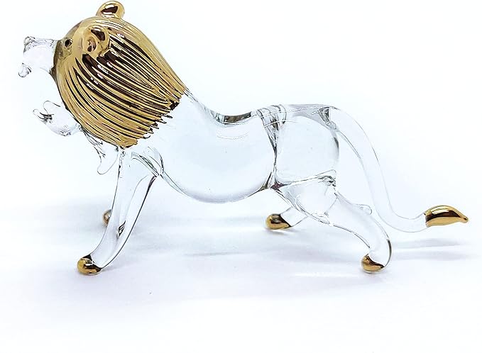 WitnyStore Tiny 3¼" Long Clear Gold Standing Lion Roaring Figurine - Miniature Hand Blown Painted Glass Panthera Wild Cat Small Crystal Wildlife Animals Decorative Collectible Figurines Décor Gifts