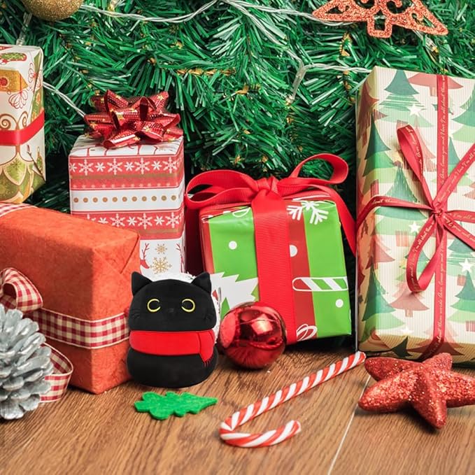 Black Cat with Scarf Stuffed Animal Plush Toy Creative Cat Shape Soft Pillow Toys Gifts Cute Dolls for Girlfriend Kids Baby Girls, 22cm/8.6in