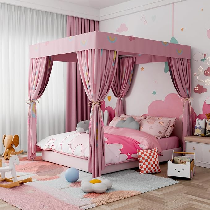 Hvqic Pink Canopy Bed Curtains - 4 Corner Post Bed Curtains Lightproof Princess Bed Canopy for Girls Rainbow Canopy Bed Curtains for Kids Room Decor(Full,Pink-Cloud)