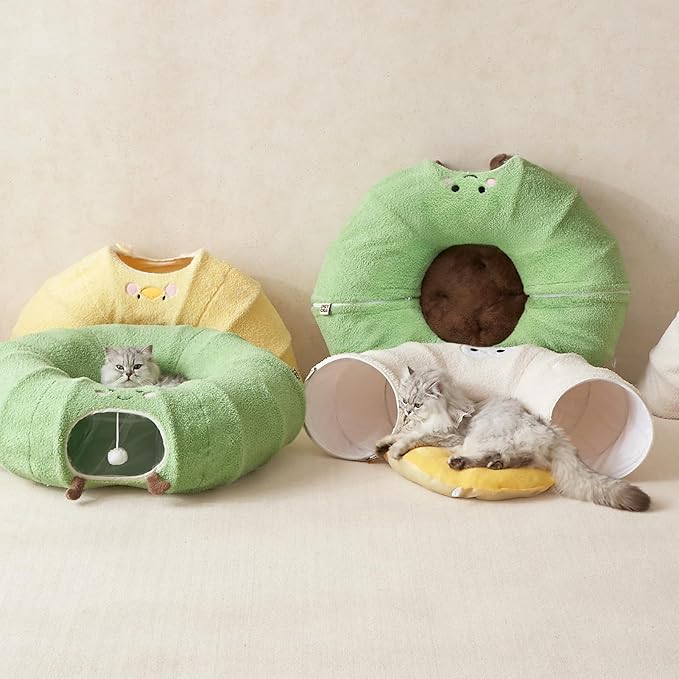 EHEYCIGA Cat Tunnel Bed for Indoor Cats, Cute Cat Donut Toy Tunnel for Small Large Cats with Washable Circle Cushion, Peekaboo Pet Cave Play Tunnel for Kitten, Puppy, Rabbit