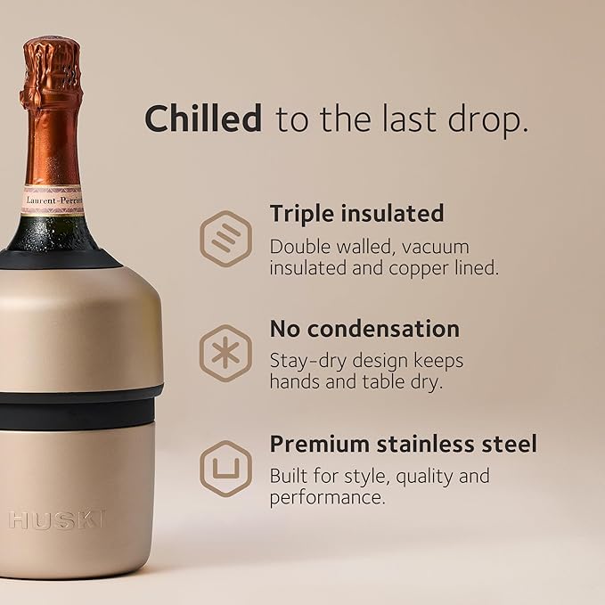 Huski Champagne Chiller | NEW | Award-Winning Iceless Design with Detachable Bottle Stopper | Keeps Wine Cold up to 6 Hours | Fits most 750ml Champagne, Prosecco & Sparkling Wine Bottles (Black)