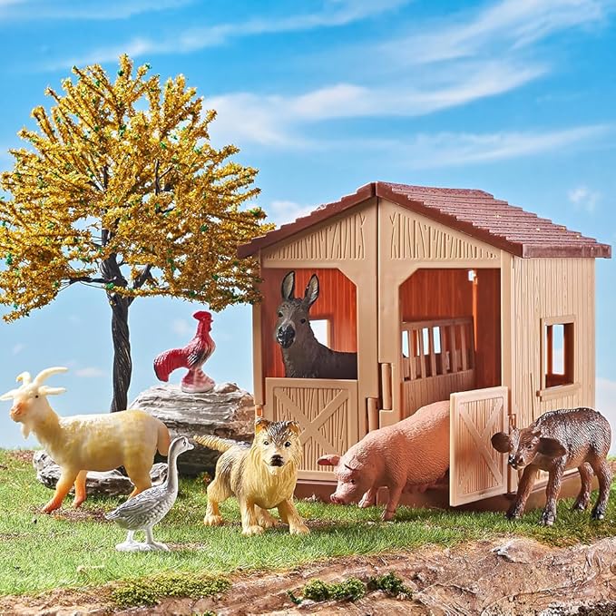 Farm Animal Toys for Toddlers 3-5-7 Kids, 24 Realistic Animal Figures Including 1 Stable and Props, Play Mat, Zoo Toy Animals Figurines, Playset for Boys and Girls Birthday
