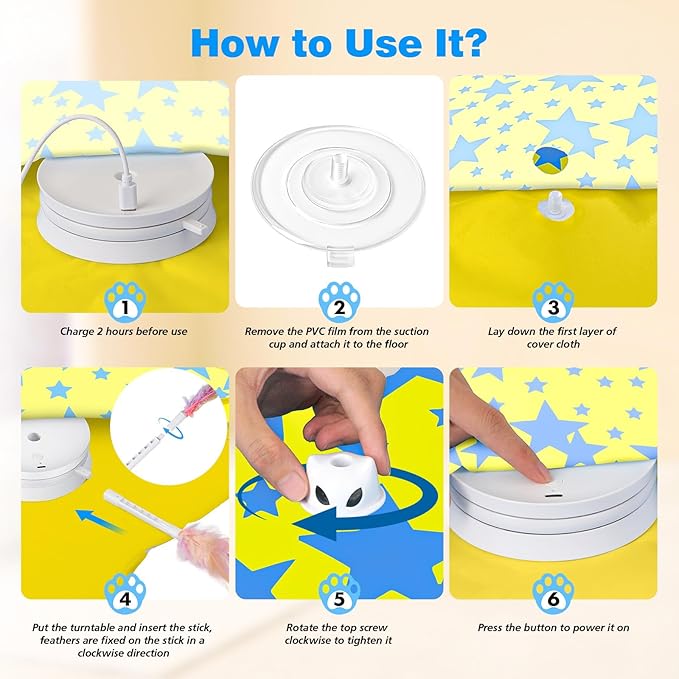 Rechargeable Interactive Cat Toys, Automatic Cat Toy for Indoor Cats, Durable Hide and Seek Cat Toy with Moving Concealed Feathers, Touch Activated Kitten Toys Cat Exercise Toys, Yellow Blue Cover