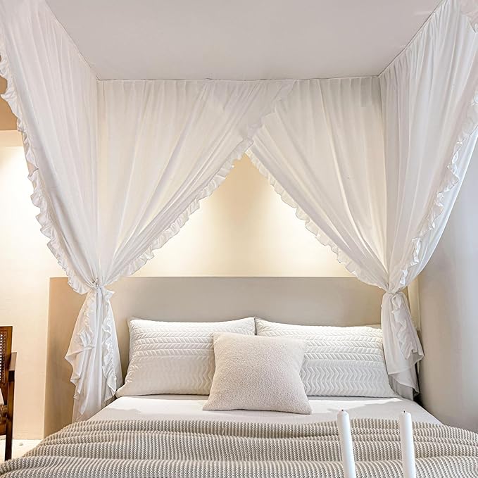 AIKASY Princess Canopy Bed Curtains with Top Ties - Windproof & Lightproof for Girls' Adult Bedroom Decor | Bed Canopy Drapes (Full,White)