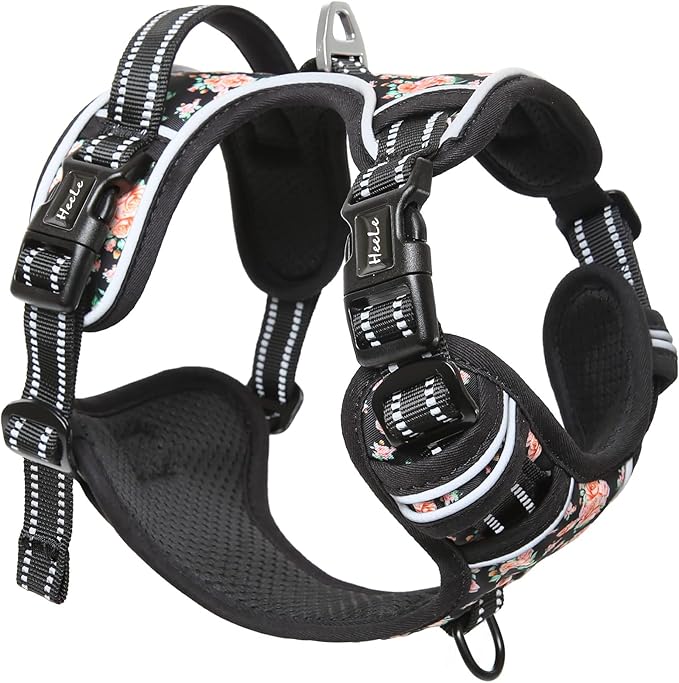 HEELE Dog Harness, No Pull Adjustable Padded Reflective Harness for Small Medium Large Dogs with Handle for Walking Training, Flower-Black, L