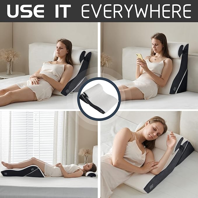 3PCS Qirroboni Orthopedic Bed Wedge Pillow Set, Adjustable Pillows for Neck, Back and Leg Pain Relief Comfortable & Post Surgery Foam - Heartburn, Anti Snoring, Acid Reflux GERD Sleeping Charcoal Grey