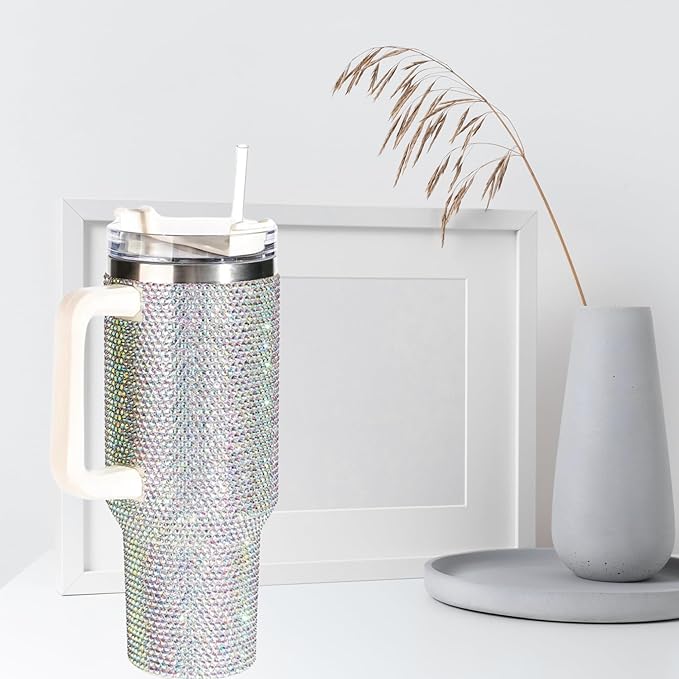 Lashicorn Silver Rhinestone 40 oz. Tumbler with Handle and Straw Lid Bling Tall Jewel Cup Gift White Insulated