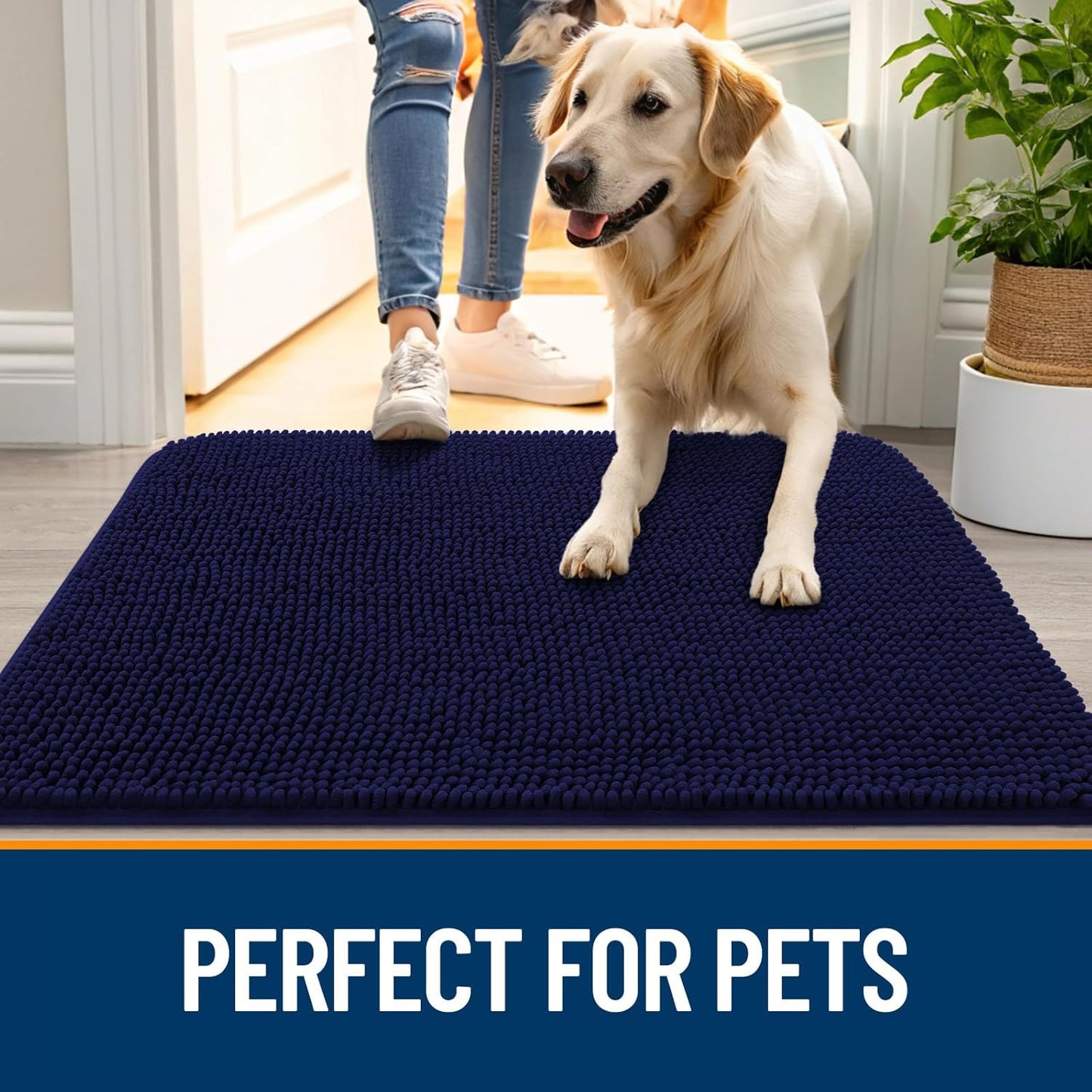 OLANLY Dog Door Mat for Muddy Paws 59x35, Absorbs Moisture and Dirt, Absorbent Non-Slip Washable Doormat, Quick Dry Chenille Mud Mat for Dogs, Entry Indoor Entryway Carpet for Inside Floor, Navy Blue