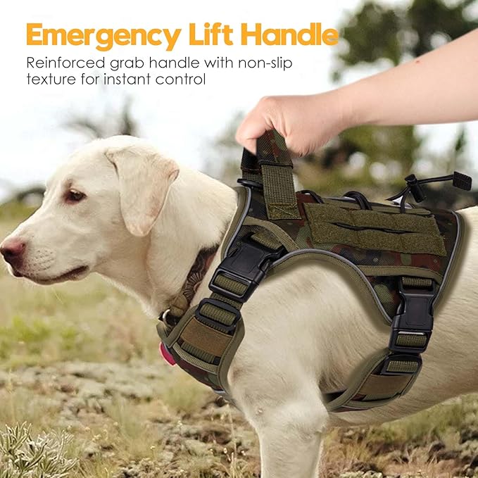 Heavy-Duty Tactical Dog Harness for Large Dogs, No Pull Adjustable Reflective Pet Vest with Molle System, K9 Military-Grade Control for Service Training, Outdoor & 10+ Breeds, Green Camo, Medium