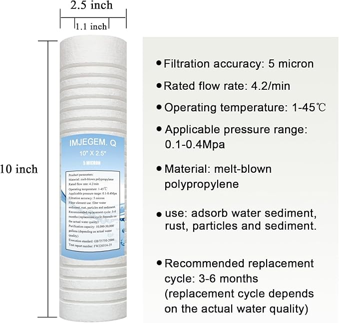 5 micron water filter 10 x 2.5 sediment filter,Be suitable for sediment filter for well water,Reduces sediment, sand, soil, silt and rust and is suitable for standard filter housing. (4 pack)