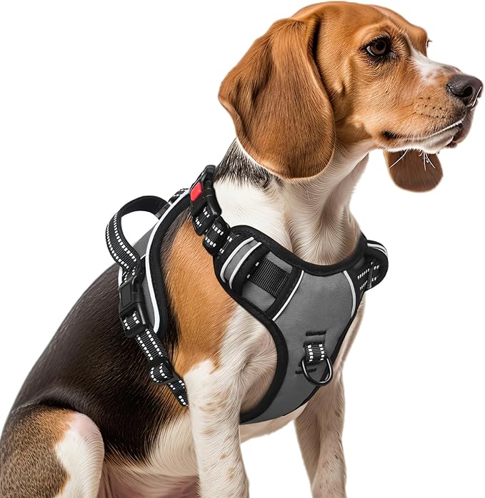 Timos Dog Harness Medium Sized, No Pull with Neck Lockable Snap,No Choke Front Clip Dog Reflective Harness,Adjustable Metal Rings 3 Buckles,Easy Control Handle for Medium Dogs Gray M