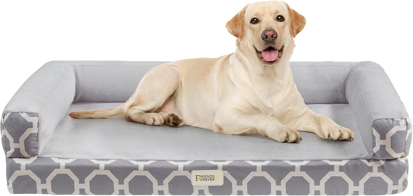 Friends Forever Harper Memory Foam Orthopedic Dog Bed, Calming Couch For Indoor Pet With Bolster, Machine Washable Extra Soft Faux Suede Removable Cover, Plush Crate Mat, 44x34x10", Grey