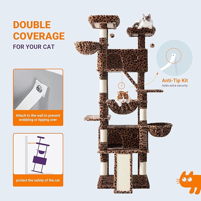 Allewie 81 Inches Tall Cat Tree/Multi-Level Large Climbing Tree House and Towers for Big Feline/Condo and Hammock/Scratching Post/Wide Base/Leopard Print