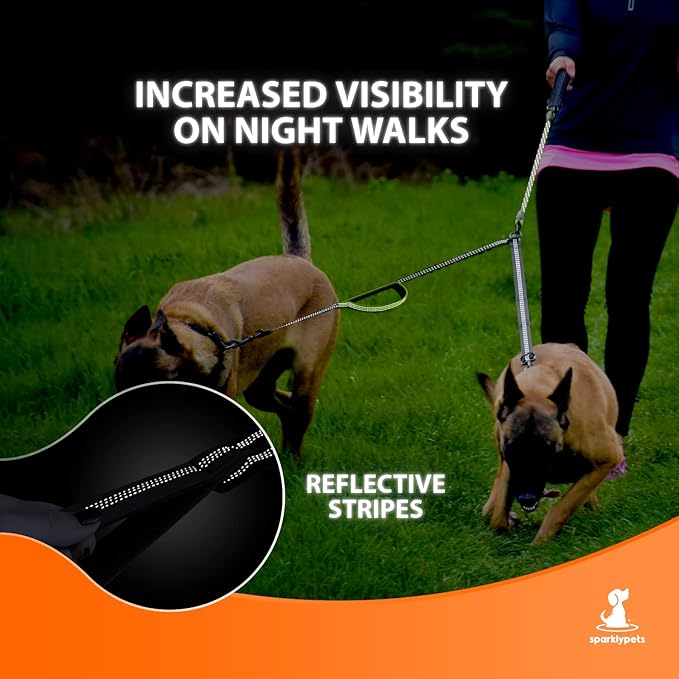 SparklyPets Double Dog Leash for 2 Dogs – Rope Bungee Dual Leash for Medium and Large Breeds with Padded Handles & Tangle Free (Gray Coupler, Medium/Large)