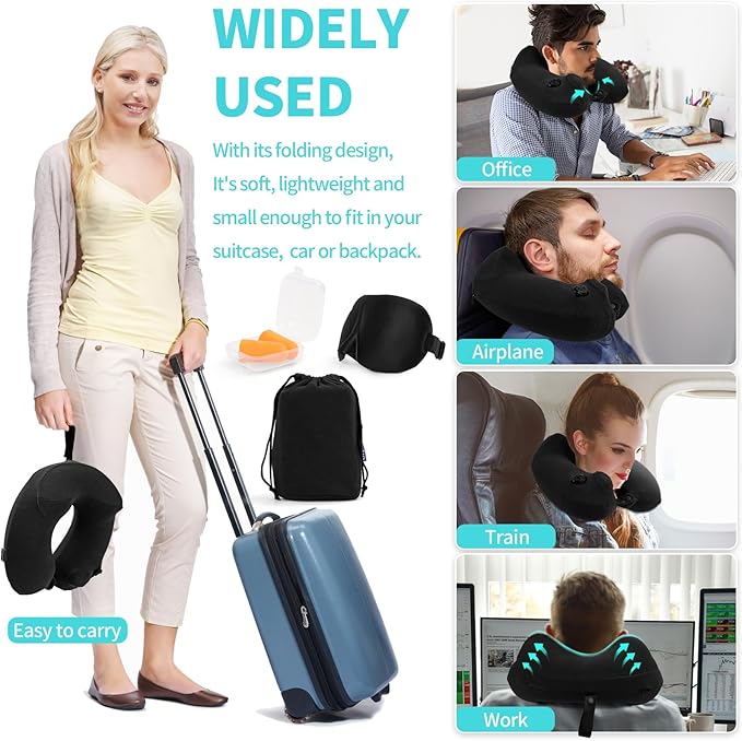 Inflatable Travel Neck Pillow for Airplane, 360° Head Support Velvet Adult Neck Pillow for Long Flight, Removable Washable Cover, Kit with Eye Masks, Earplugs & Storage Bag, Black