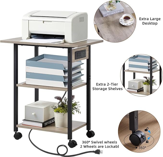 Lerliuo 3-Tier Printer Stand with Charging Station, Industrial Mobile Printer Table with Storage Shelf and Steel Frame, Rolling Printer Cart Holder with Lockable Wheels for Home, Office (Oak)
