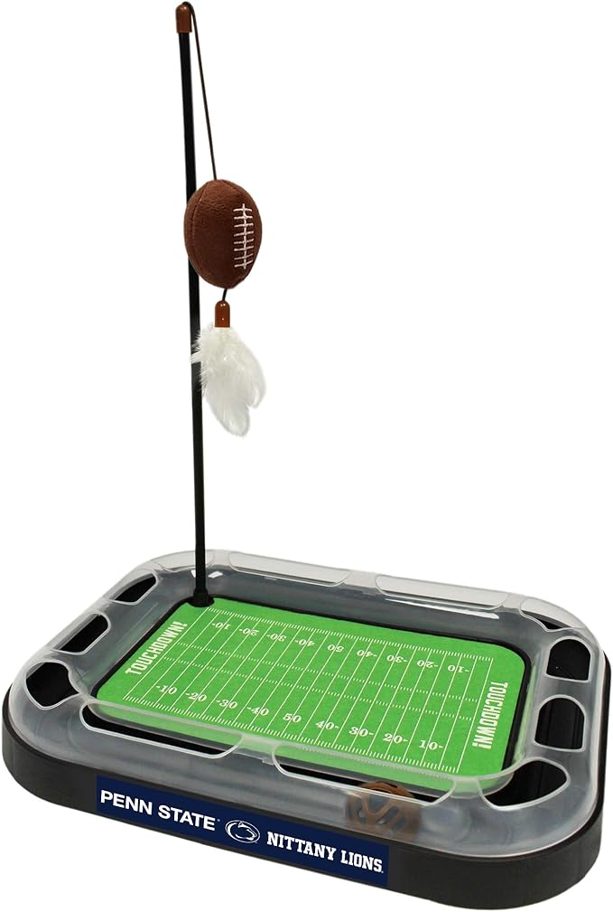 Pets First NCAA PENN STATE NITTANY LIONS FOOTBALL FIELD CAT SCRATCHER TOY with CATNIP Filled Plush FOOTBALL Toy&Feather Cat Toy hanging with Jingle Bell INTERACTIVE BALL Cat Chasing 6-in-1 KITTY Toy