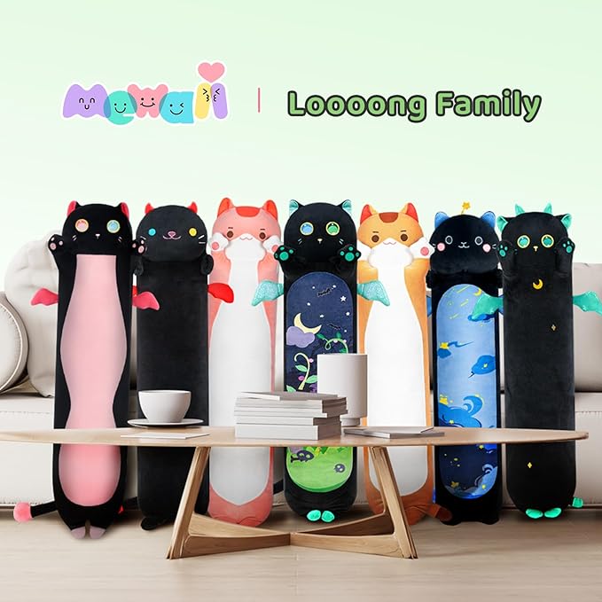 Long Cat Plush Body Pillow, 20” Cute Black Cat Stuffed Animals Kawaii Plushies, Squishy Body Pillow Plush Toys Gift for Kids Girls Boys