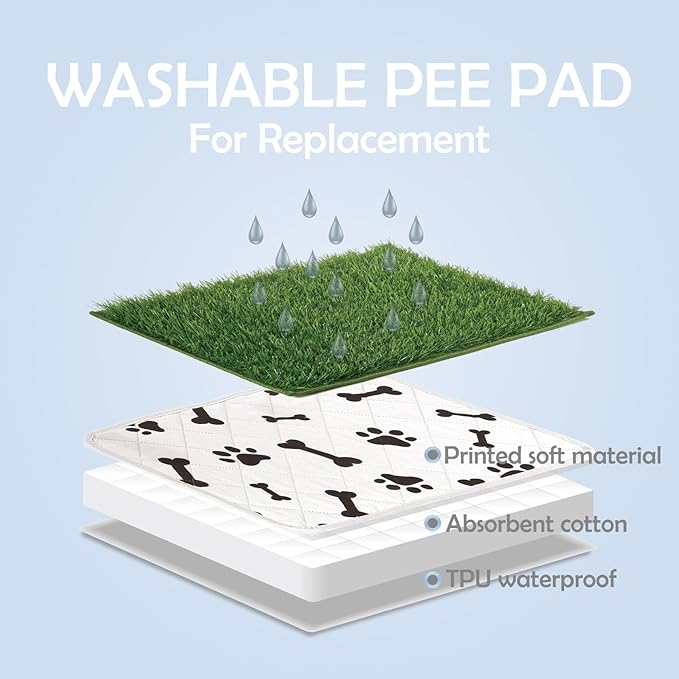 MEEXPAWS Dog Grass Pad with Foldable Dog Litter Box, Large Pee Pad Holder Foldable Liner Base High Side with Odor Free Artificial Grass for Puppy Potty Training Balcony, 2 PCS Reusable Pee Pads