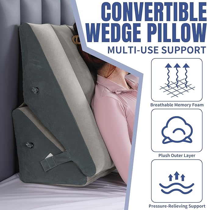 HOMBYS Adjustable Inflatable Bed Wedge Pillow for Sleeping, 7 in 1 Multi Use Back Pillow for Bed Sitting Up, 10 inch Elevated Support Pillow for Legs & Back, Portable for Travel Use, White&Grey