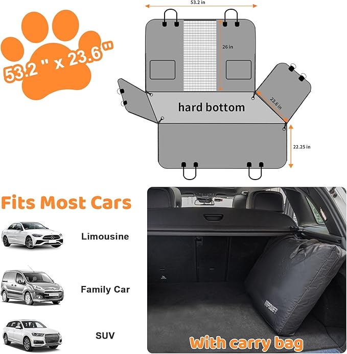 URPOWER High Barrier Back Seat Extender for Dogs, Hard Bottom Dog Car Seat Cover Holds 400 lbs, Waterproof Dog Hammock for Cars, SUV, Small Truck, Dogs Car Bed Pet Backseat Protector with Mesh Window