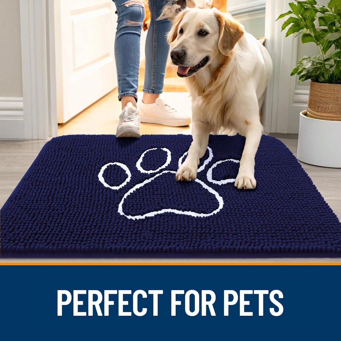 OLANLY Door Mat for Muddy Dog Paws 70x24, Ultra Absorbent Chenille Mud Doormat with Paw Print Design, Non-Slip Washable Doormat for Indoor Entryway, Quick-Dry Pet Bed Mats for Dirty Dogs, Navy Blue
