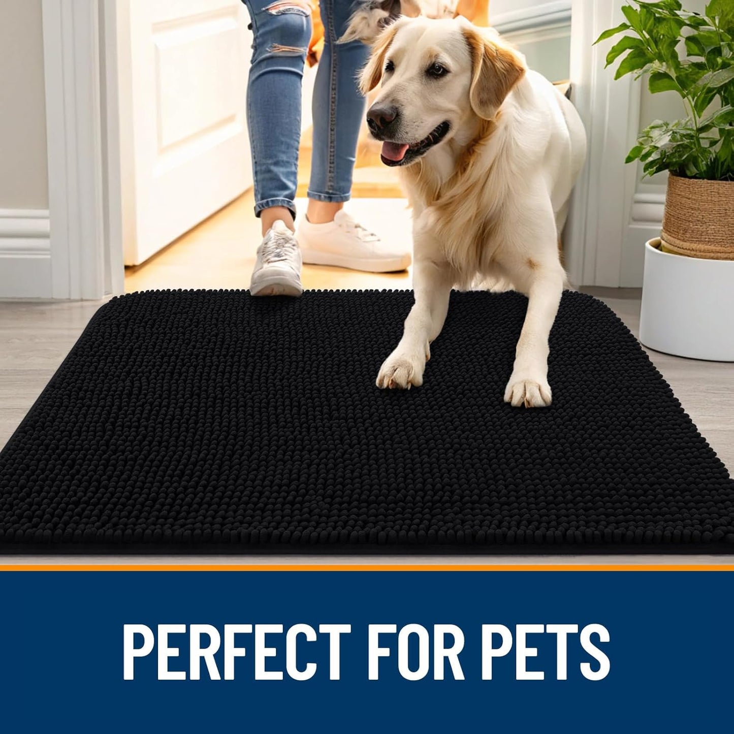 OLANLY Dog Door Mat for Muddy Paws 70x32, Absorbs Moisture and Dirt, Absorbent Non-Slip Washable Doormat, Quick Dry Chenille Mud Mat for Dogs, Entry Indoor Entryway Carpet for Inside Floor, Black