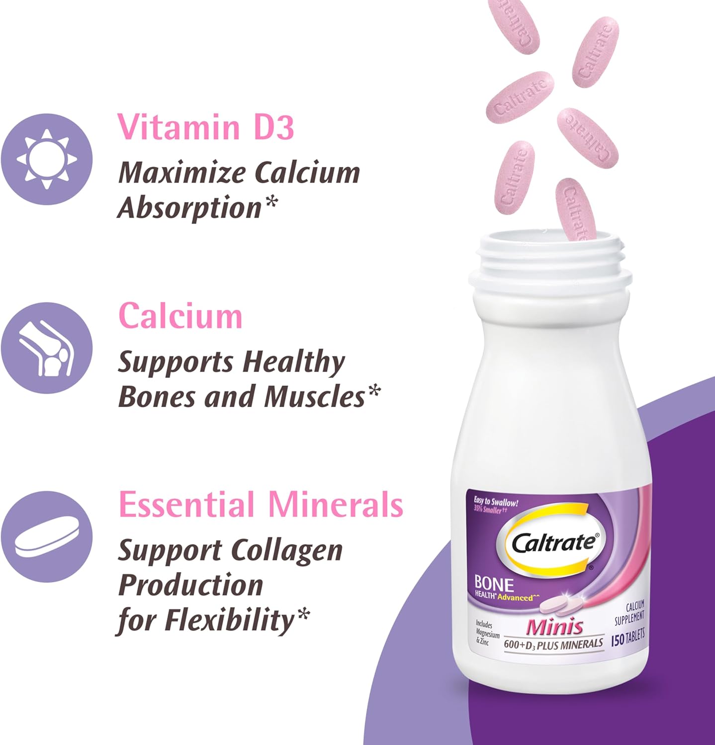 Caltrate Minis 600 Plus D3 Plus Minerals Calcium and Vitamin D Supplement Tablets, Bone Health and Mineral Supplement for Adults - 150 Count