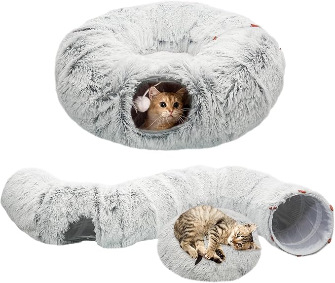 KOMUSMO Cat Tunnel Bed with Central Mat and Hanging Ball Toy, Large Cat Cave Donut for Indoor Cats, Soft Plush Fluffy Peekaboo Cat Bed Cave Collapsible for Small Medium Large Cats Kittens