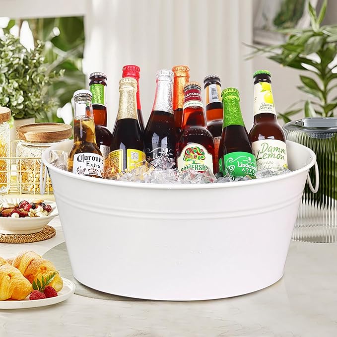 Ice Bucket, Oval Beverage Tub, Galvanized Bucket and drink Cooler for Parties, Ice Tub with Handles for Beer Sparkling Whisky Wine Cocktails (3.5gal) (White*2)