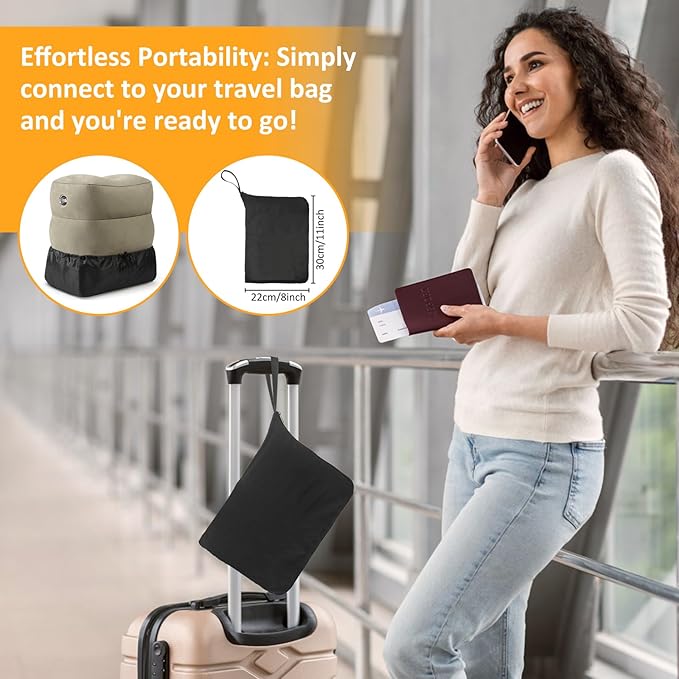 Inflatable Foot Rest Pillow for Travel - Adjustable Height Flight Foot Rest with Eye Mask and Earplugs for Kids & Adults on Airplane, Car, Train, Office, and Home (Gray, 1 PCS)