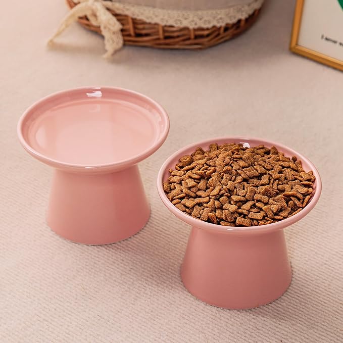 6.2 Inch Extra Wide Elevated Ceramic Cat Bowls, Food and Water Bowl Set for Elder Big Cats Small Dogs, Raised Design for Pet Easy Eating, Protect Cat's Spine Set of 4(Pink)