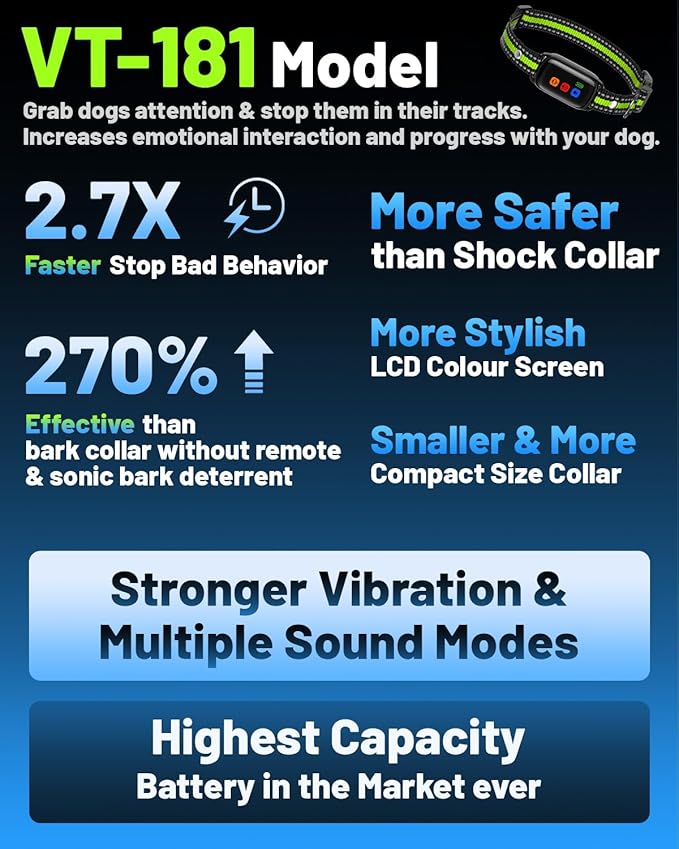 No Shock Dog Training Collar with Remote 3300FT - Vibration and Beep Only, Waterproof Humane Shock Collar for Dogs Bark Control & Obedience Training - Small/Medium/Large Breeds E-Collar (Green)