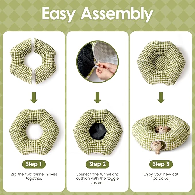 MEWOOFUN Cat Tunnels for Indoor Cats, Cute Tunnel Bed, Donut Tunnel with Washable Cushion, Round Peekaboo Cave for Play & Rest, Cat Toy for Kittens, Puppies & Rabbits, Green
