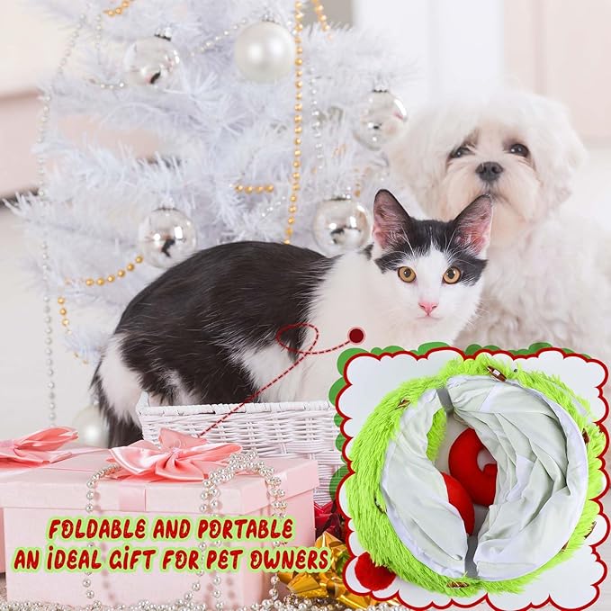 Frienda Christmas Cat Tunnel Bed Under Christmas Tree Lime Green Cat Donut Tunnel 3ft x 3ft x 9.4in Elf Tree Skirt Peekaboo Circle Cave Toy Winter Decor for Kitten Kitty Puppy Rabbit Ferret Gift