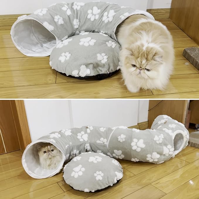 Homimp Cat Tunnel Bed with Central Mat,Large Tube Playground with Plush Ball Toy,Peekaboo Cat Cave with Washable Circle Cushion for Indoor Cats,Pop Up Bed HidePlace for Kitten Puppy Rabbit, Grey Paw