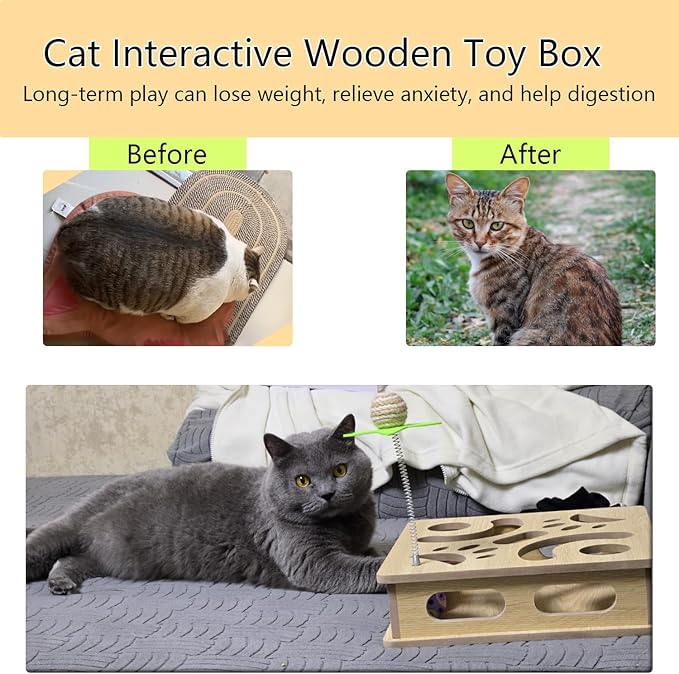 Interactive Wooden Cat Puzzle Toy Box Indoor Hunting Play Toy to Stimulate Your Cat’s Energy and Instincts (Pink)