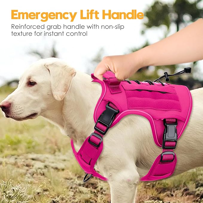 Heavy-Duty Tactical Dog Harness for Large Dogs, No Pull Adjustable Reflective Pet Vest with Molle System, K9 Military-Grade Control for Service Training, Outdoor & 10+ Breeds, Hot Pink, X-Large