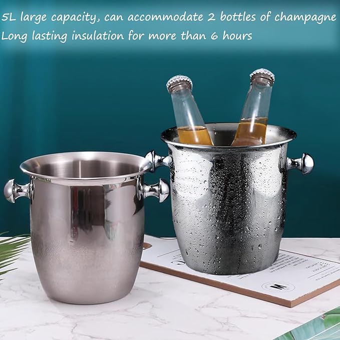 Ice Bucket with Ice Tongs - 5L Ice Bucket for Party Stainless Steel Wine cooler Drink Tub Cooler for Partiy Champagne Ice Bucket with Handle for Family Bar Ktv Outdoor & Indoor Silvery