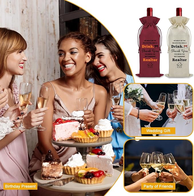 2PCS Realtor Gifts for Women Agent Wine Bag Thank You Gifts for Clients Real Estate Therapist Gifts for Men Wine Bottle Storage Bag Housewarming Gifts for Her Wine Accessories Gifts for Wine Lovers