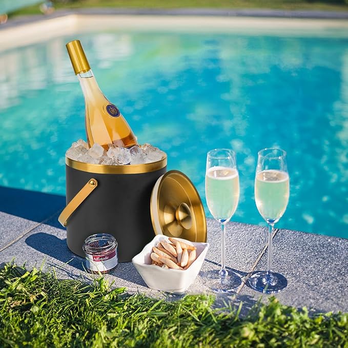 3L Double-Wall Insulated Stainless Steel Ice Bucket with scoop for Cocktail Bar - Metal Ice Bucket for freezer with Lid for parties,ice holder,champagne bucket,bar cart accessories (black)