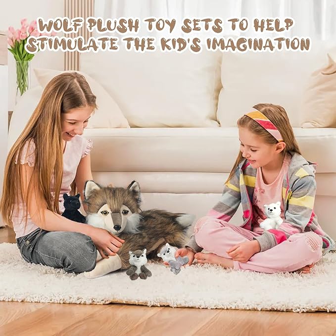 5 Pcs Wolf Stuffed Animal Plush Toy, 16 Inch Mommy Stuffed Wolf with 4 Baby Wolves in Her Zippered Pouch,Cute Nurturing Wolves Plushies for Kids Boys Girls Easter Birthday Gifts Party Decoration